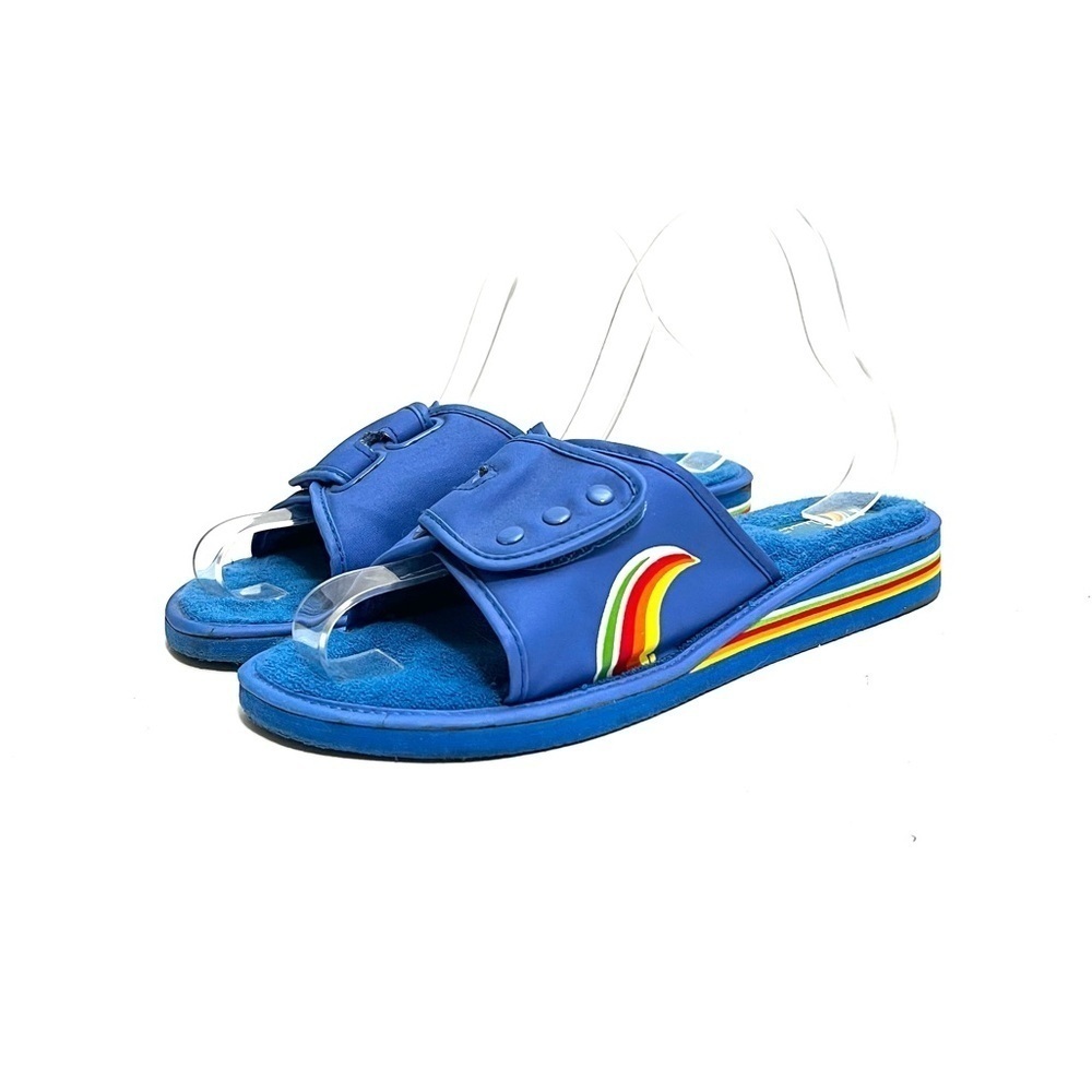 Vintage 1970s blue nylon and terry cloth foam wedge Velcro slide style sandals - Picture 6 of 8